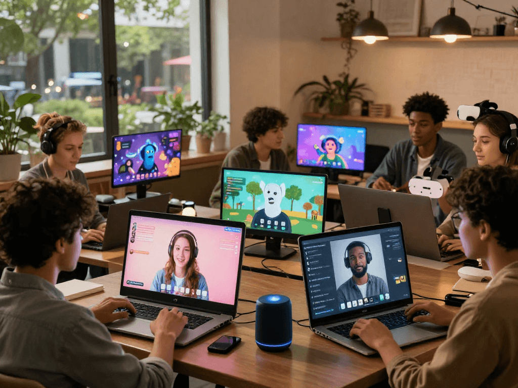 Engaging ai porn chat scene with diverse individuals interacting on personal devices in cozy and vibrant settings.