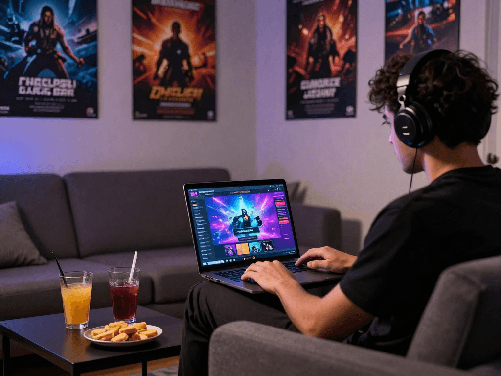 Engaging in an online porn game, person plays on a laptop in a cozy gaming atmosphere with snacks.