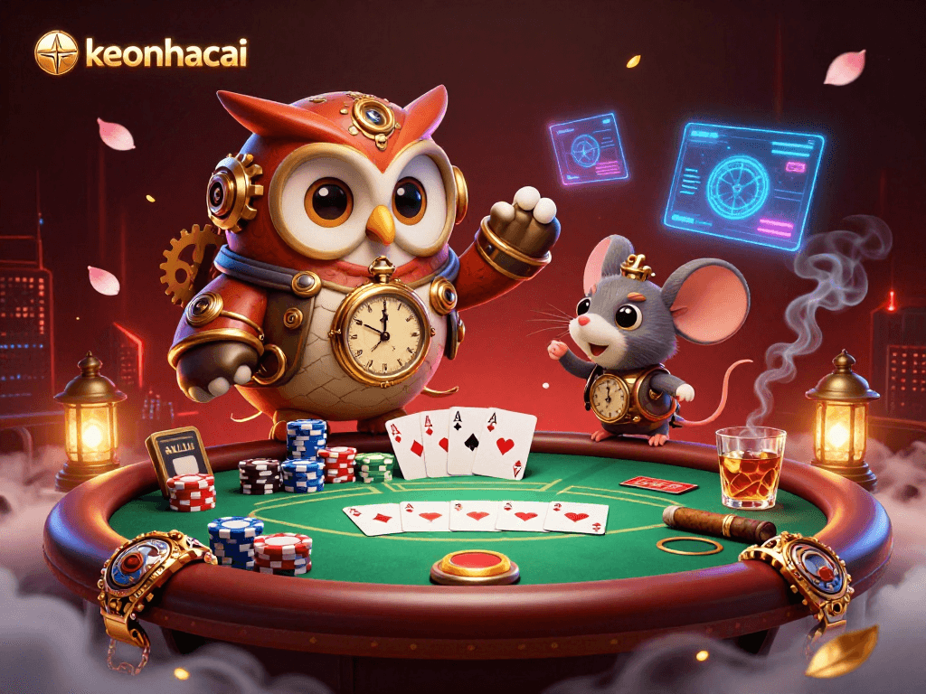 Experience thrilling poker action at keonhacai with a vibrant steampunk-themed illustration filled with casino elements.