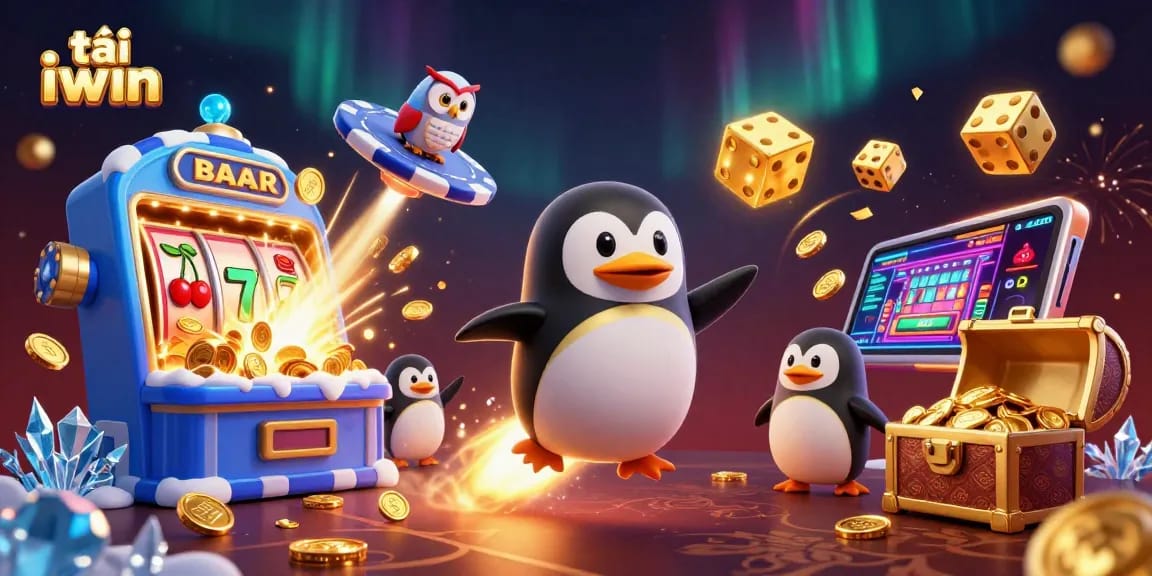 Experience the excitement of tải iwin with a penguin flying toward a dazzling casino