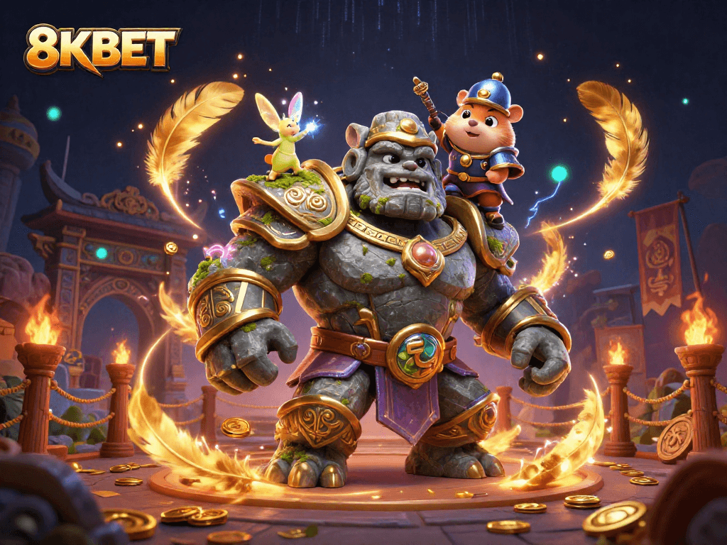 Experience the thrill of 8KBET with animated guardians and magical elements in a casino world.