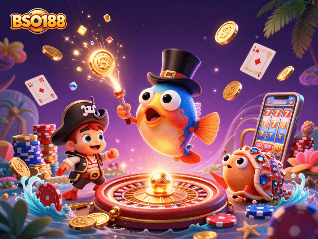 Engage with BSO188 as the anglerfish attracts coins in this vibrant casino scene.