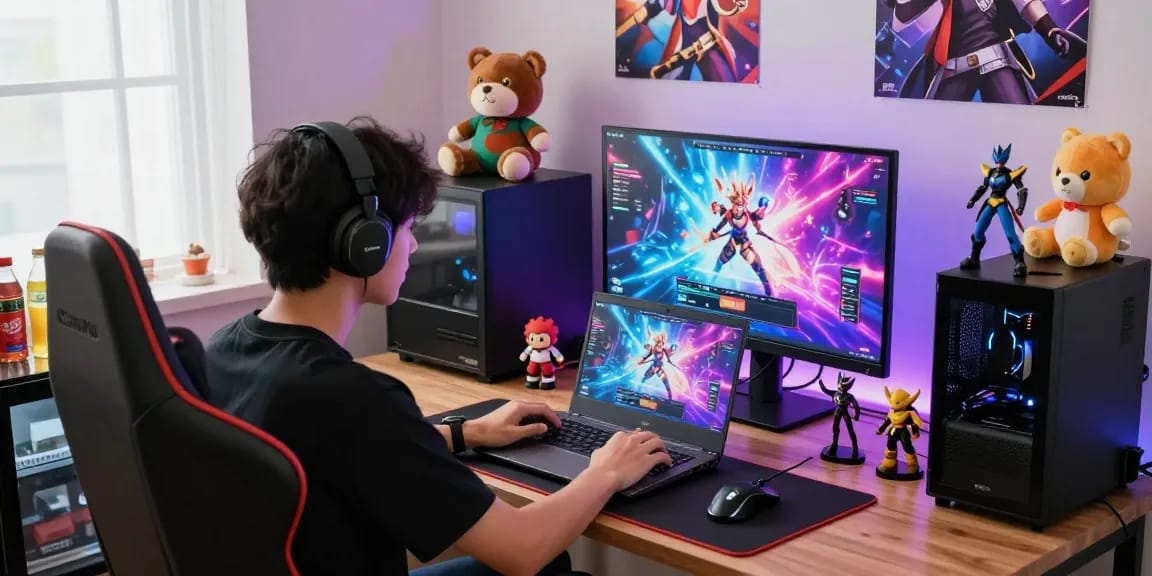 Engaged gamer enjoying gacha168 game in a vibrant, cozy setup with collectibles.