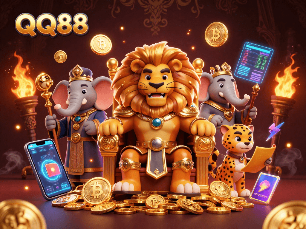 Experience the thrill of QQ88 with a fierce lion king on a throne of gold coins surrounded by dynamic gaming elements.