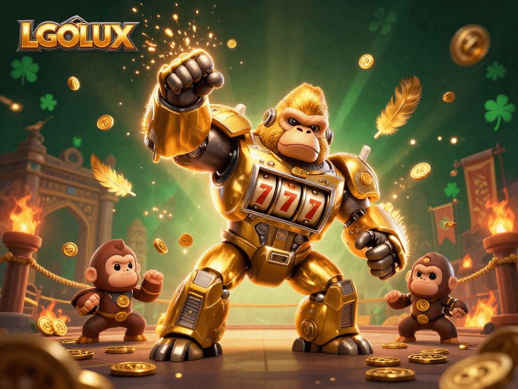 LGOLUX showcases a dynamic 3D scene of a golden gorilla mech amid a thrilling casino atmosphere.