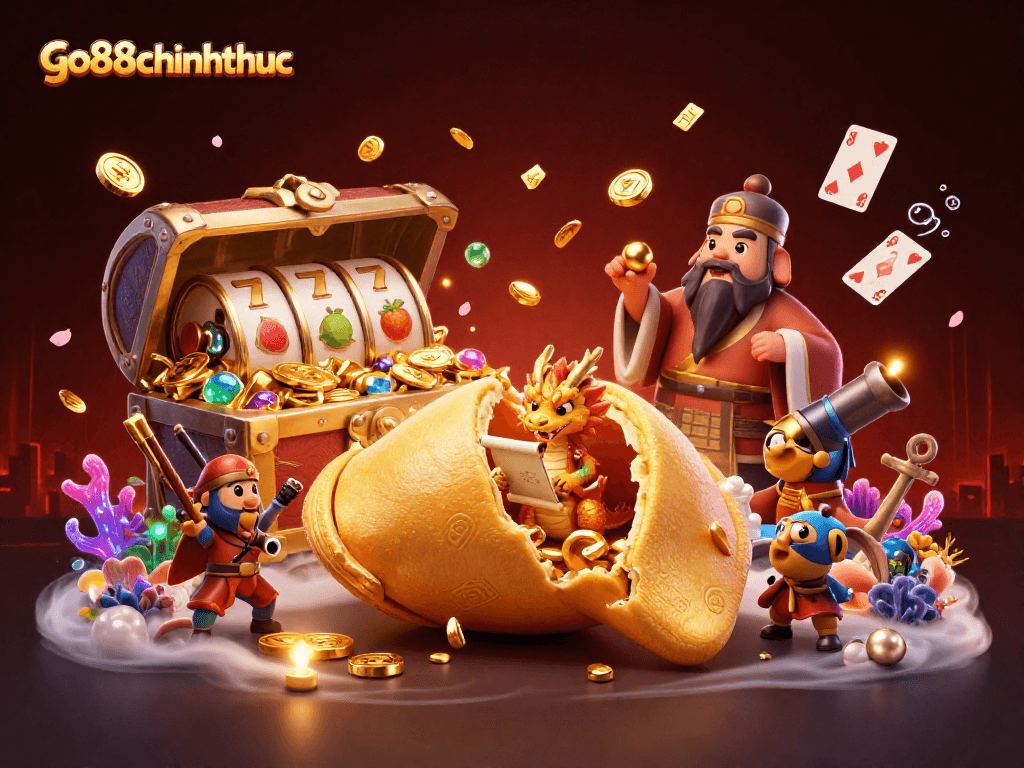 Engage with the vibrant go88chinhthuc casino scene featuring animated fortune cookie characters and rich gaming elements.