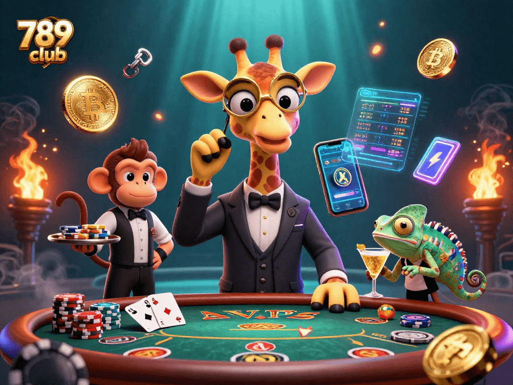 Engage with thrilling poker at 789 club featuring a lively giraffe and vibrant game elements.