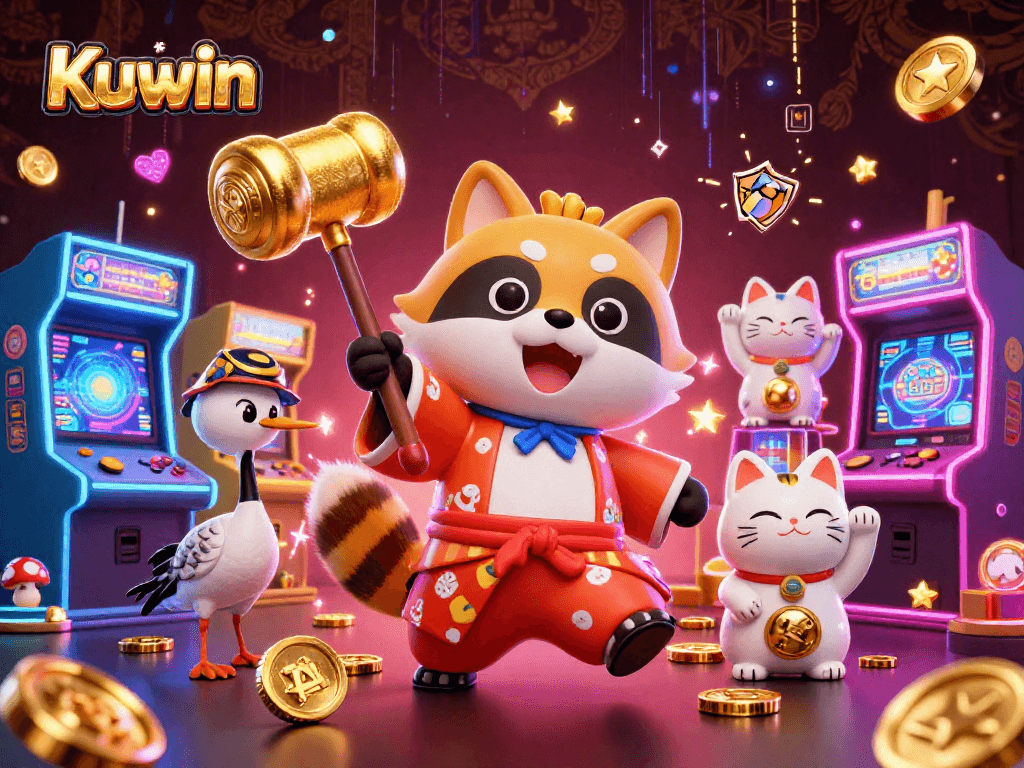 Kuwin celebrates with a cheerful tanuki in a festival outfit and gaming elements, promoting excitement in online casino gaming.
