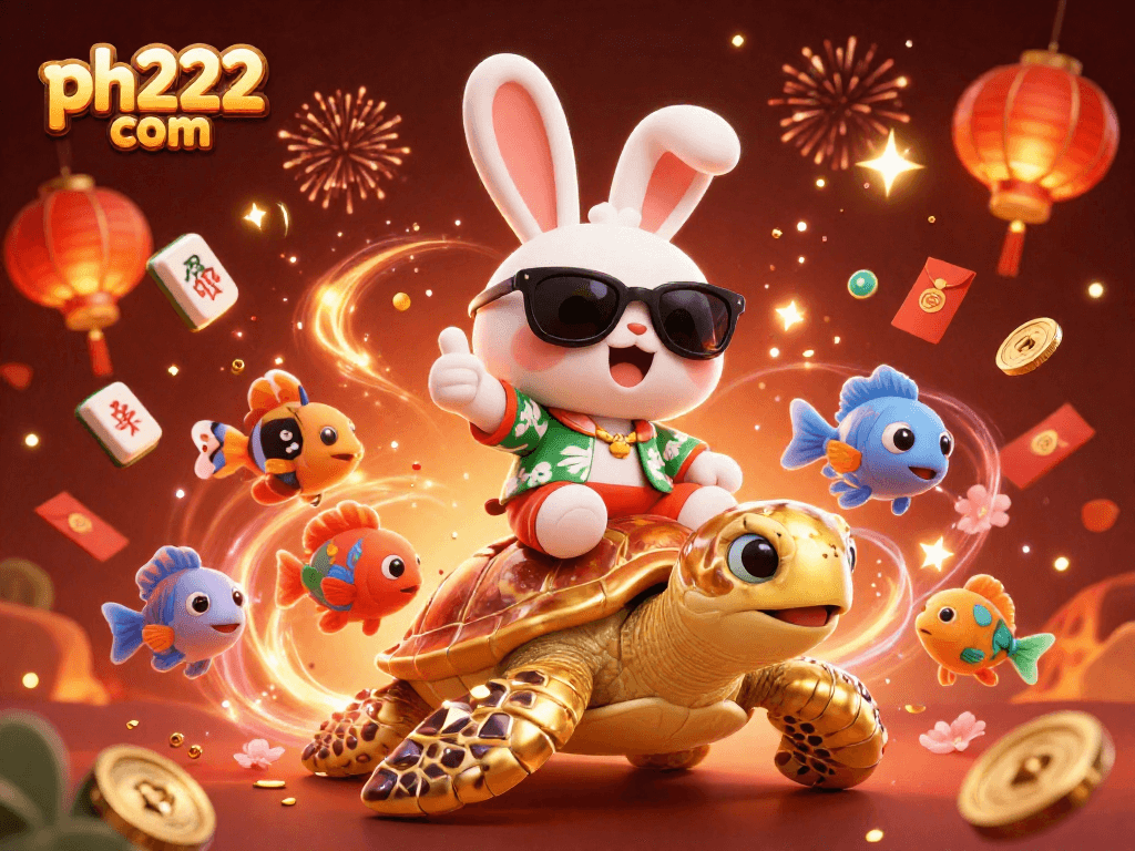 Celebrate wins at ph222 com with a cheerful rabbit and a golden turtle in a festive casino scene.