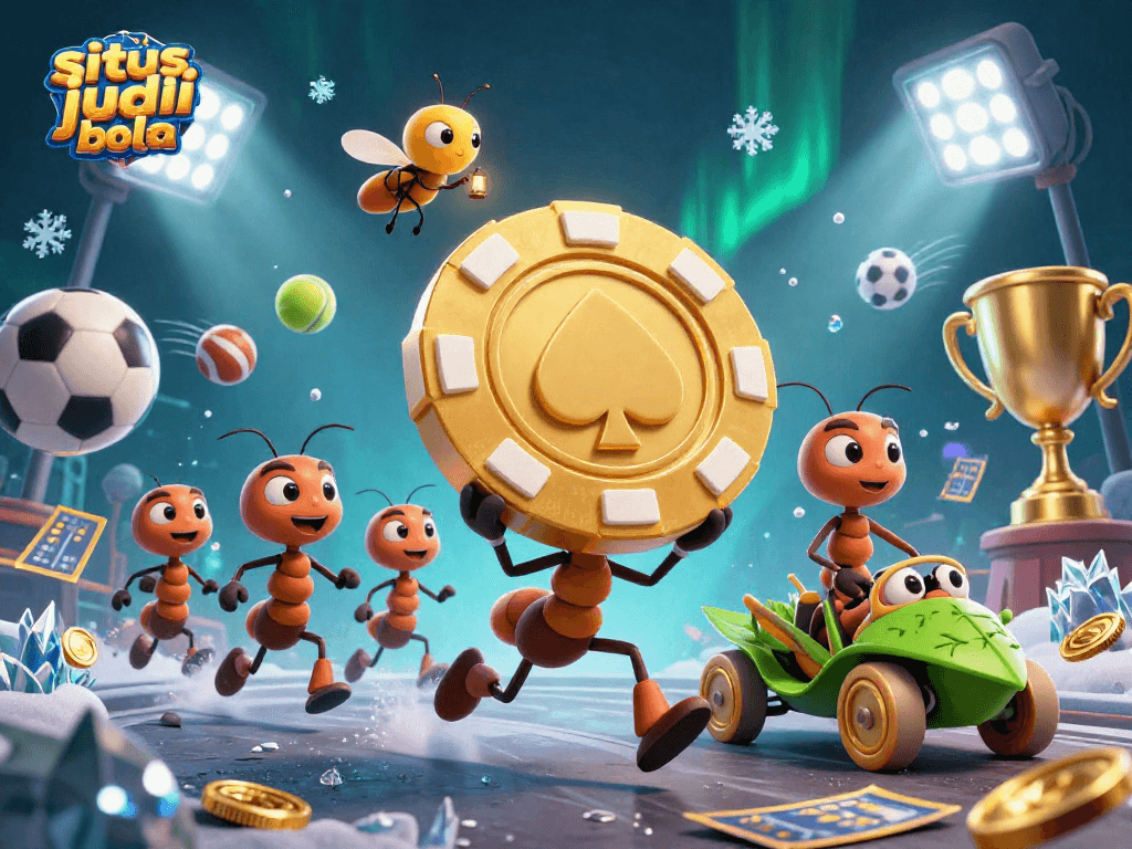 Explore situs judi bola with a lively scene of ants on a heist, sports elements, and vibrant colors.