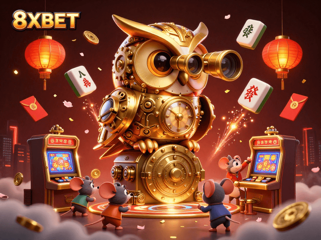 Experience thrilling casino excitement with 8XBET, showcasing a vibrant 3D illustration of gaming elements and characters.