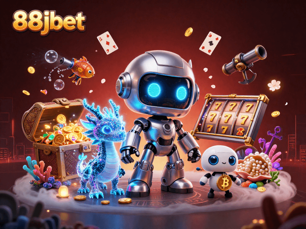 Experience the excitement of 88jbet with a cyberpunk robot, holographic dragon, and bitcoin drone!