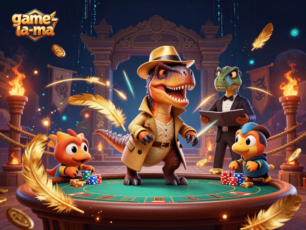Enjoy thrilling blackjack action at game-la-ma with a velociraptor card counter and a suspicious stegosaurus pit boss.