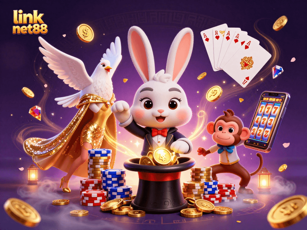 Engage with link net88 as the magician rabbit pulls coins, surrounded by casino fun!