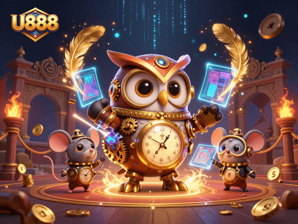 Spin and win with U888 as the cartoon owl guides players through a vibrant casino adventure.