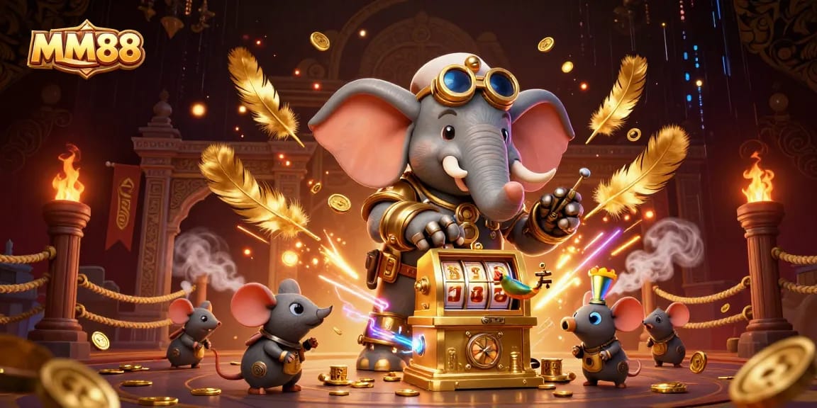 Experience the excitement of MM88 with a dynamic steampunk elephant and a golden slot machine.
