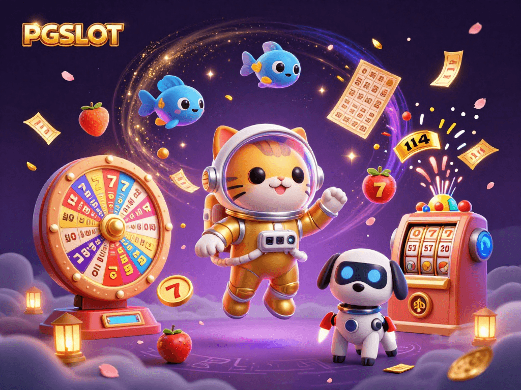 Experience the thrill of PGSLOT with this dynamic 3D illustration showcasing exciting slot game elements and characters.
