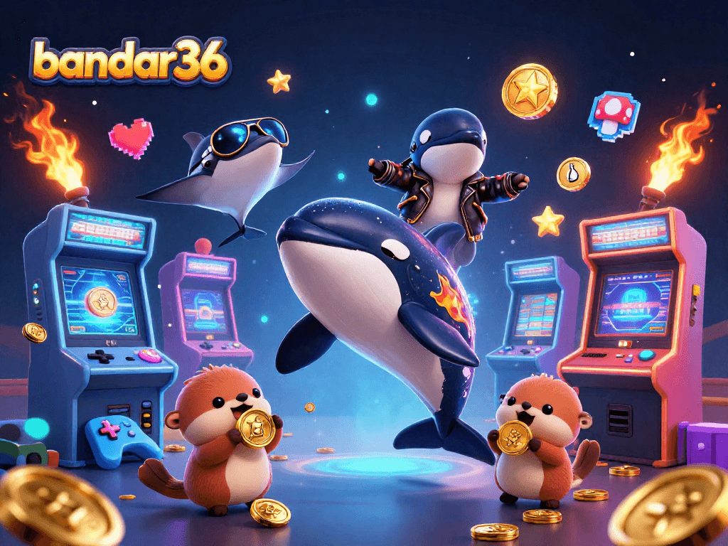 bandar36 menghadirkan ilustrasi 3D menarik dengan orca, ikan pari, dan berang-berang, dikelilingi elemen permainan kasino.