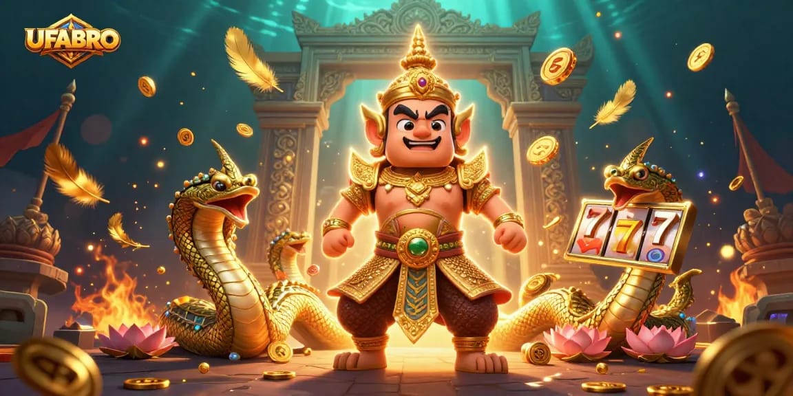 Bet on UFABRO's thrilling experience featuring a guardian and Naga serpents in a vibrant casino setting.