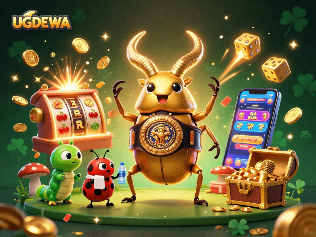 Experience thrilling spins and jackpots with UGDEWA in a vibrant casino illustration.
