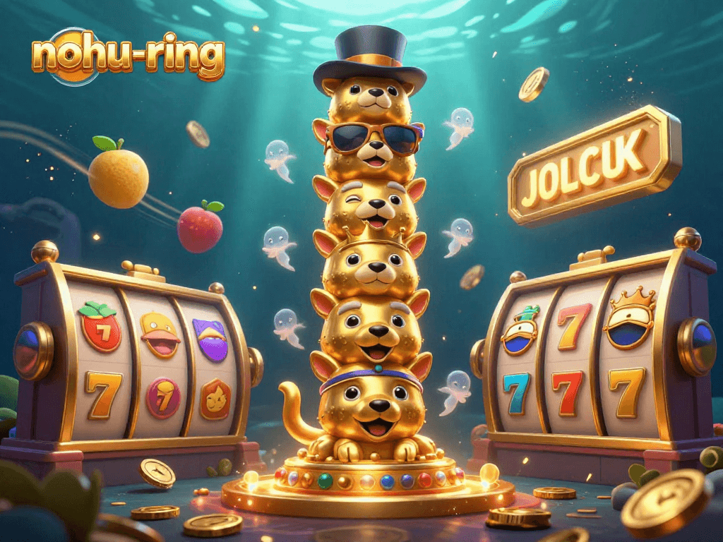Nohu-ring showcases a vibrant golden totem pole amidst spinning slot reels, celebrating captivating casino gaming.