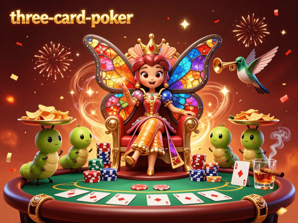 Experience the thrill of three-card-poker with an enchanting butterfly queen and vibrant poker action.
