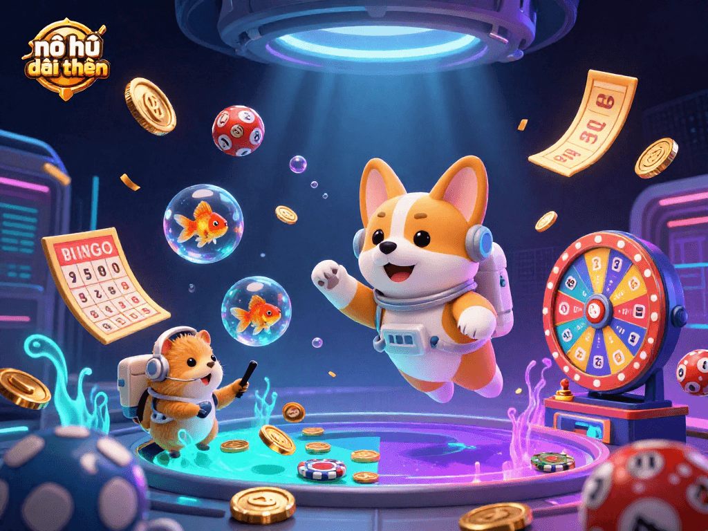 Play nổ hũ đổi thưởng in a vibrant 3D casino scene with colorful lottery balls and animated elements.