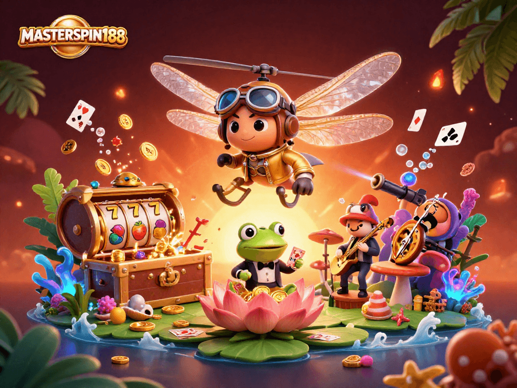 Experience excitement with MASTERSPIN188 as the frog croupier deals cards in a lively casino scene.