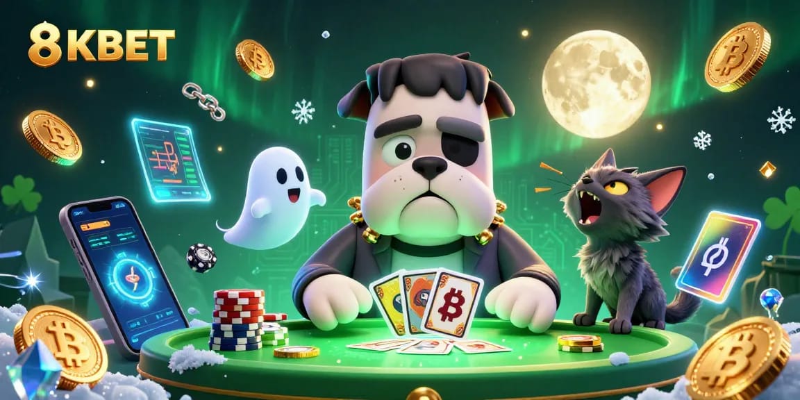 Engage in thrilling card games at 8KBET with unique characters in a vibrant casino illustration.