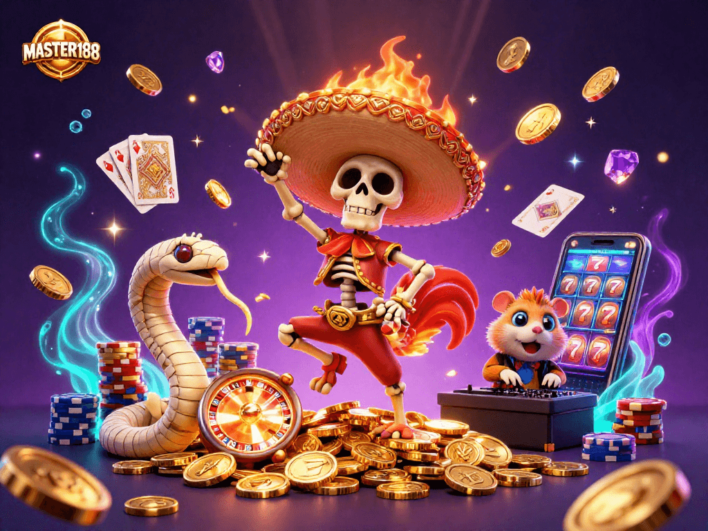 Enjoy thrilling gaming adventures with MASTER188's lively characters celebrating amidst golden coins and vibrant casino elements.