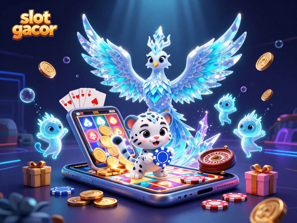 Engage with slot gacor features through a vibrant illustration of a phoenix, leopard, and gaming elements.