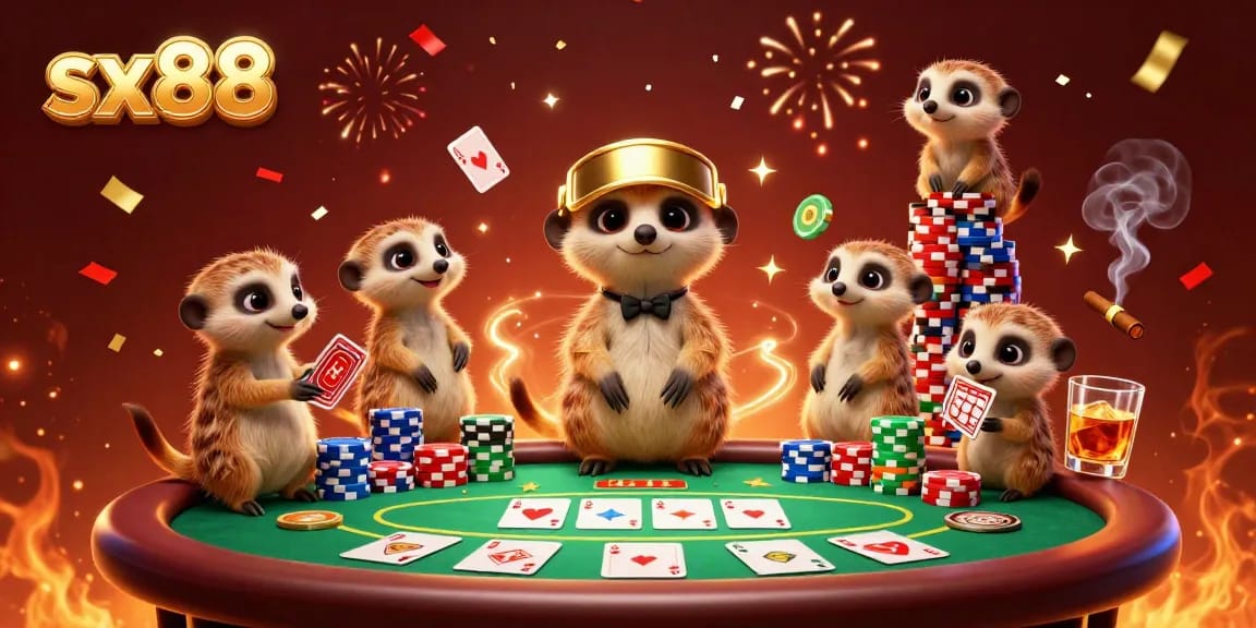 SX88 brings excitement with meerkats running a lively casino, showcasing poker and colorful chips.