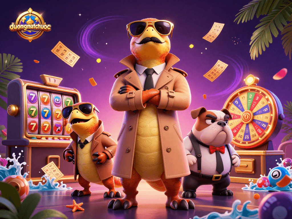 Experience duongmatchuoc as 3 raptors in disguise enter a VIP casino with dynamic colorful elements.