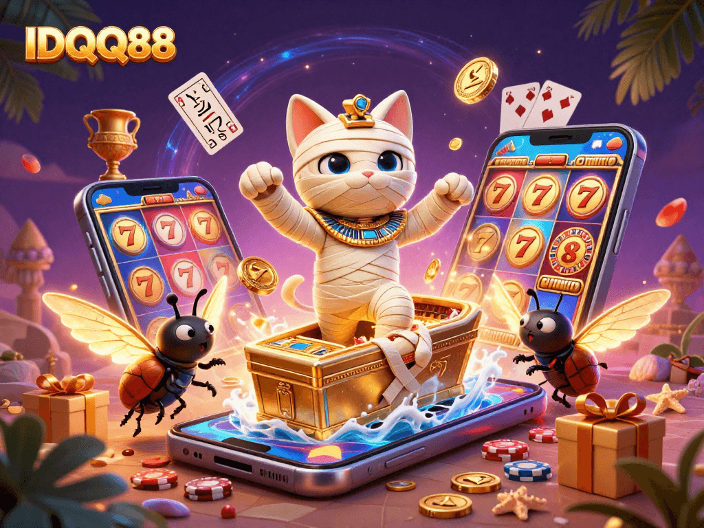 Spin vibrant slots with IDQQ88 while a mummy cat emerges from ancient treasures!