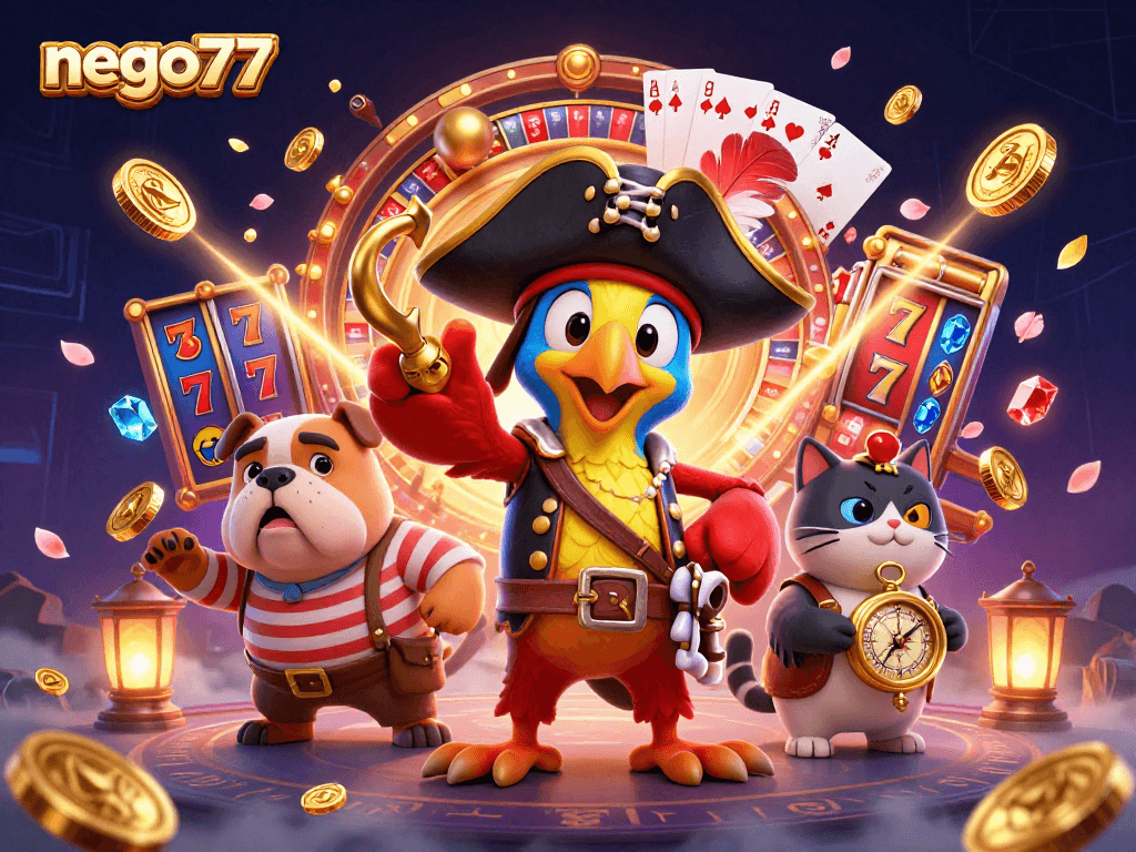 Spin and win at nego77 with a vibrant, action-packed casino illustration full of animated slot game excitement.