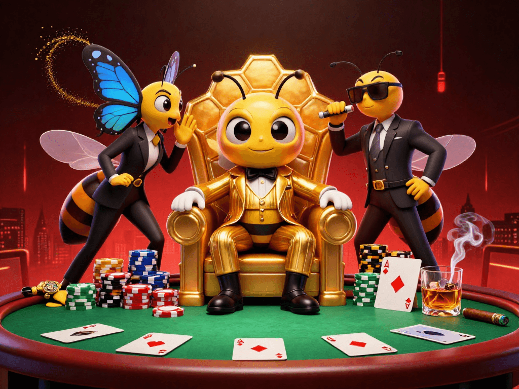 LIGALGO showcases a bumblebee mob boss at a poker table, engaging in high-stakes gambling action.