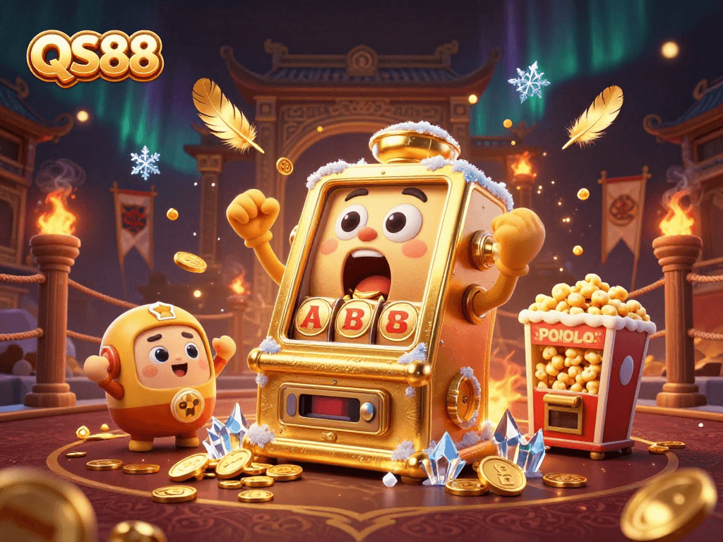 QS88 slot machine celebrating a jackpot amidst a vibrant casino scene with golden elements.