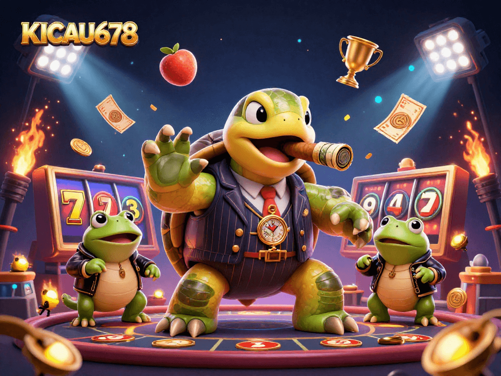 KICAU678 captures the thrill of slots with a vibrant casino scene featuring a snapping turtle and bullfrog enforcers.