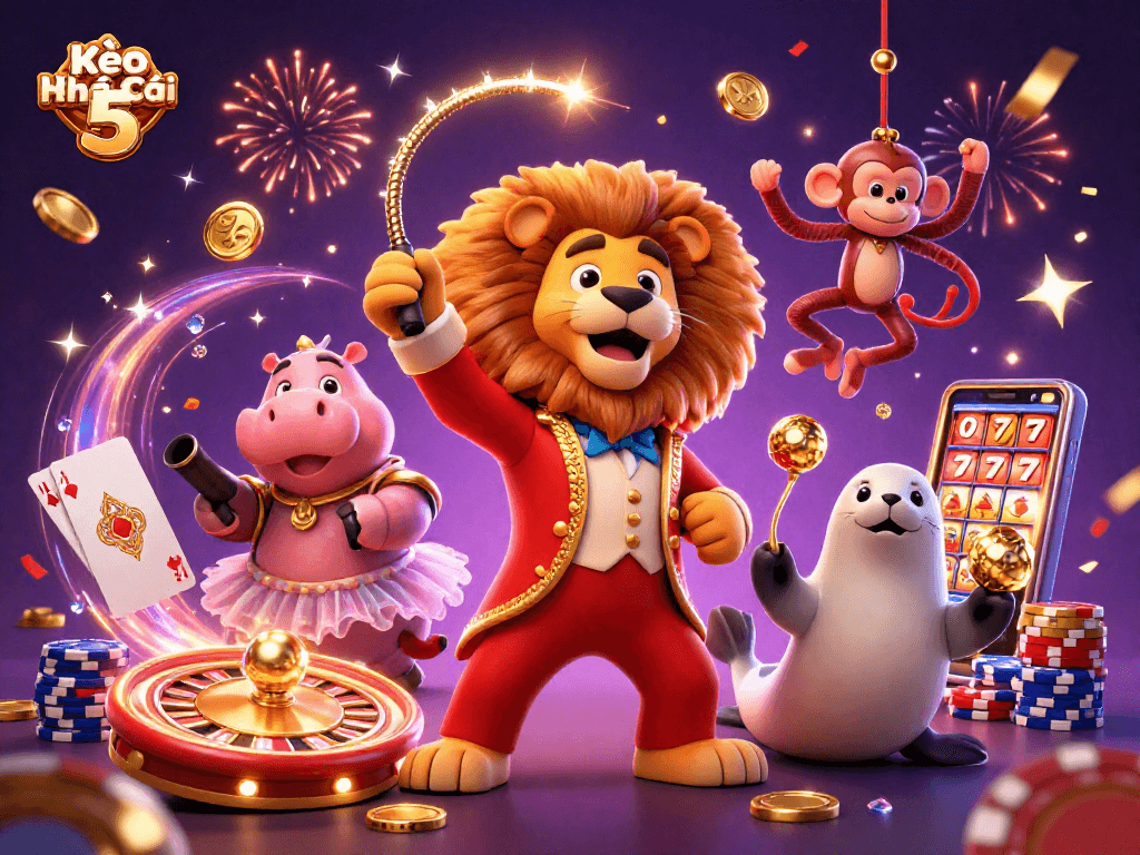 Kèo Nhà Cái 5 showcases a lively casino scene with animated characters and dazzling game elements