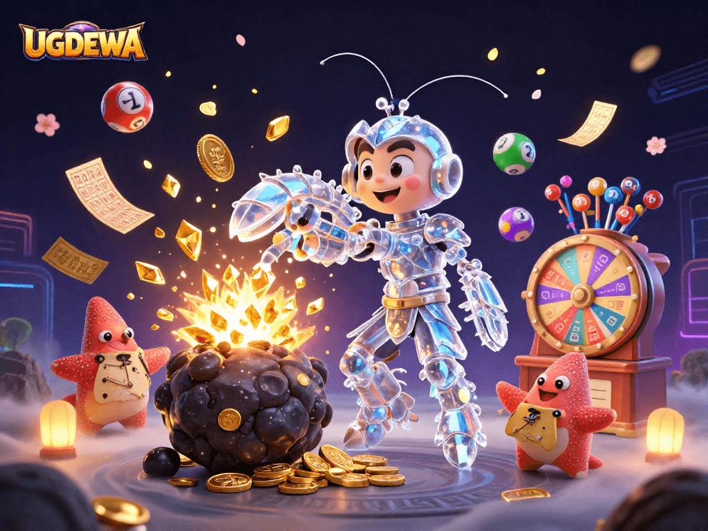Participate in exciting games with UGDEWA, featuring golden coins, lottery balls, and vibrant prizes.
