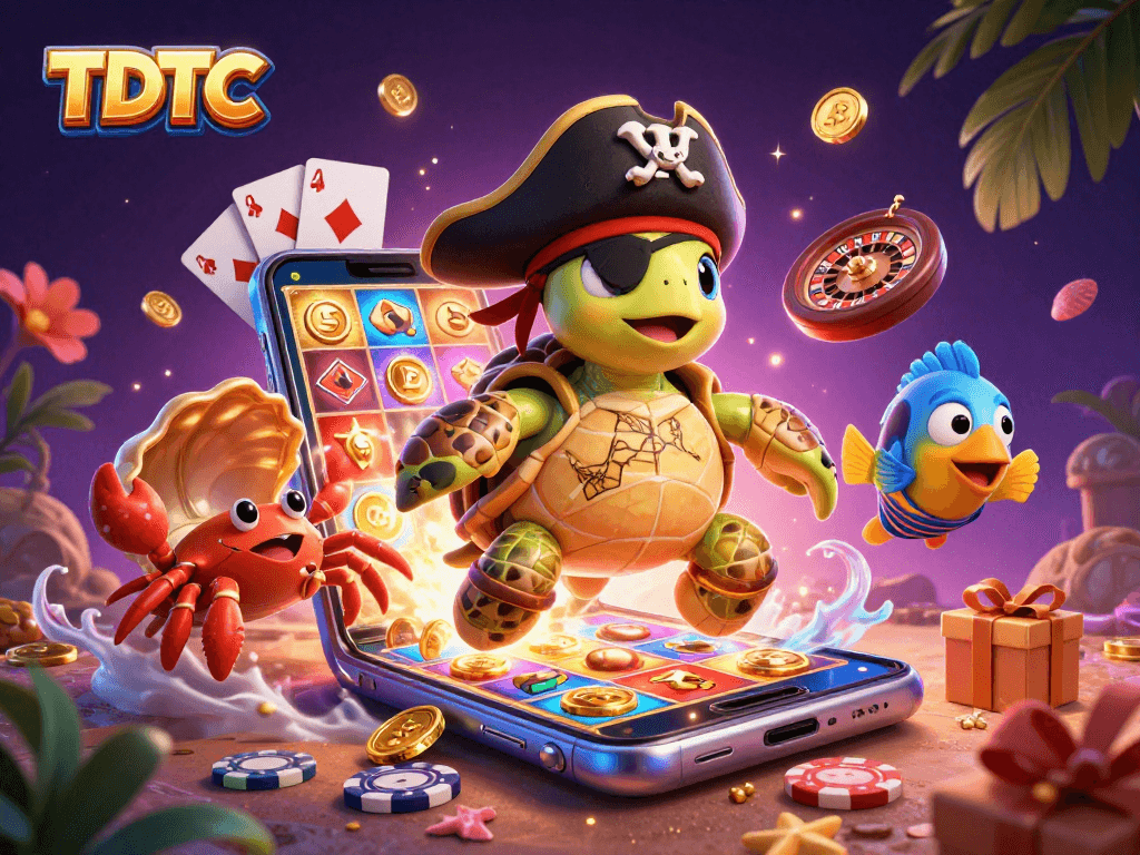 Engage in fun with TDTC’s vibrant 3D casino illustration featuring dynamic gaming elements and characters.