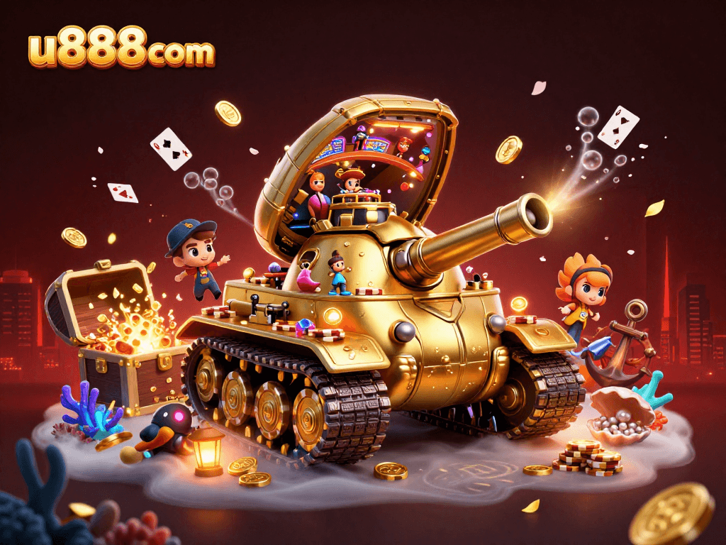 Experience the thrill of u888com with a vibrant 3D casino scene featuring a unique golden beetle tank.
