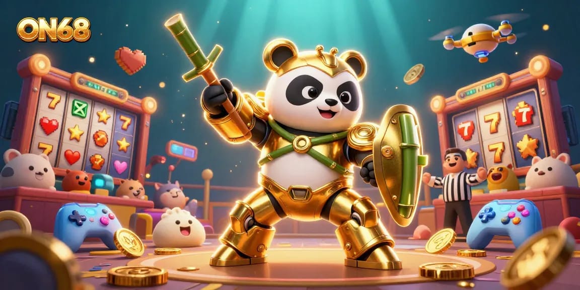 Join the excitement at ON68 with a golden panda battling in an animated casino arena full of vibrant game elements.