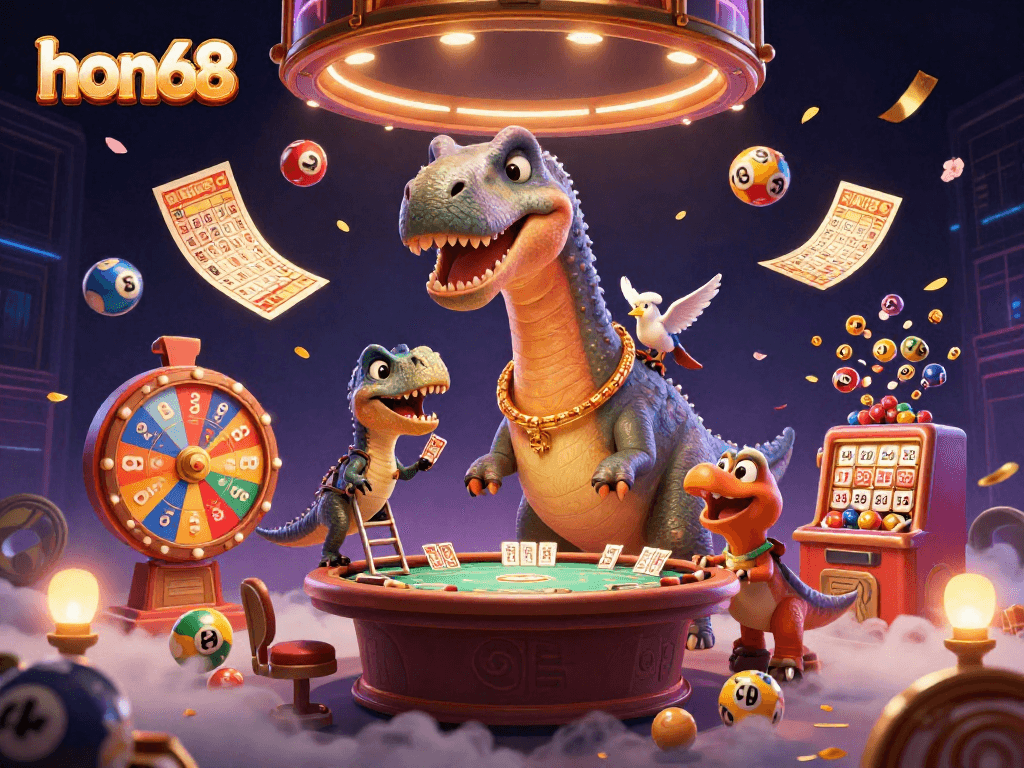 Join the excitement at hon68 as a playful brontosaurus oversees a colorful casino scene filled with games!