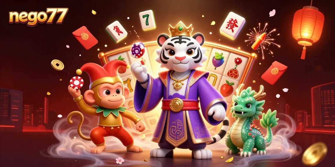 Engage with nego77 as a vibrant tiger, monkey, and jade dragon showcase enthralling slot elements.