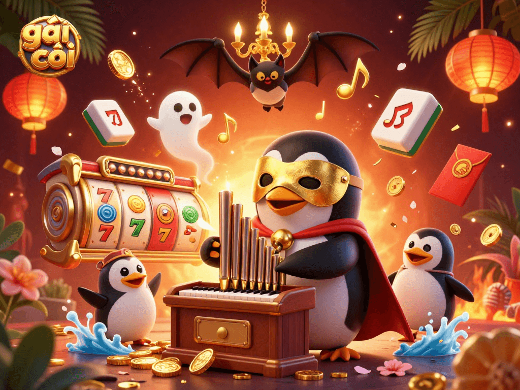 Experience the thrills of gái gọi in a vibrant casino scene featuring a penguin playing an organ amidst golden coins.