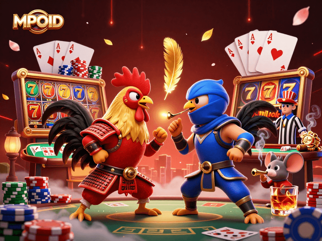 Engage in thrilling gameplay at MPOID with a dynamic scene of fighting roosters and vibrant casino elements.