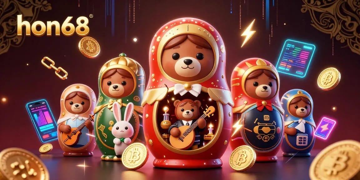 Experience the excitement of hon68 with vibrant casino characters and crypto elements.