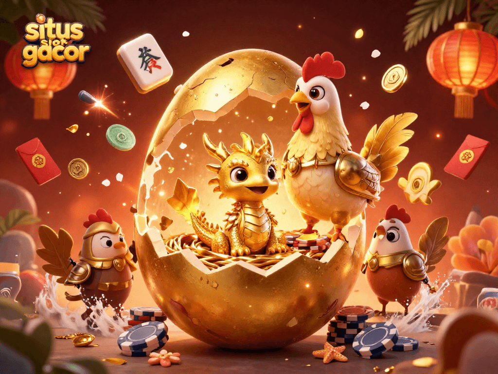 Engage with captivating visuals at situs slot gacor featuring golden dragon and festive casino elements.