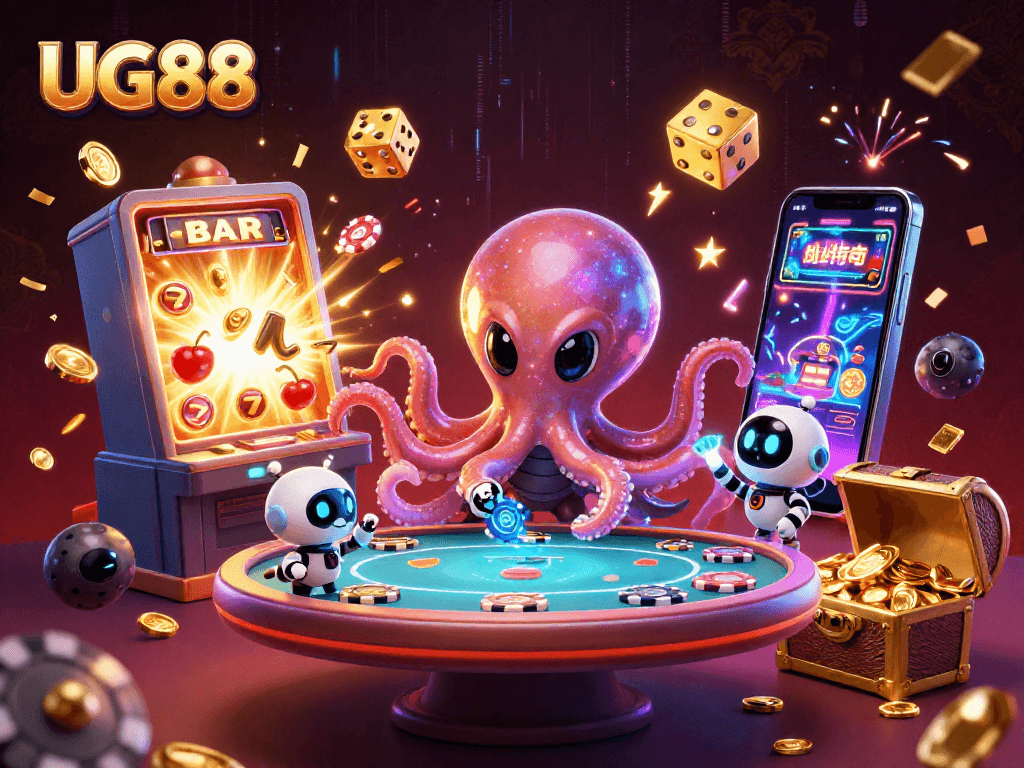 Engage in the excitement of UG88 with a cosmic-themed poker table and vibrant casino elements.